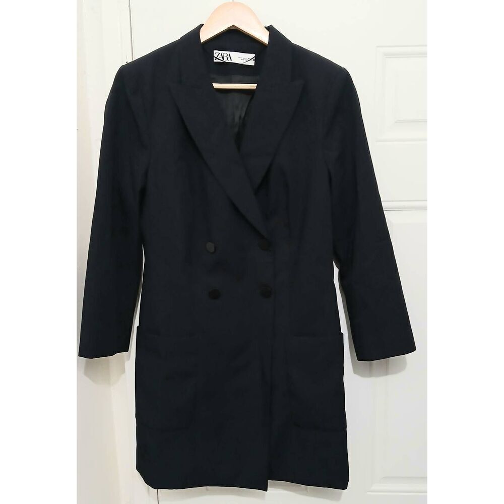 Zara womens large lightweight double Breasted trench jacket viscose navy blue